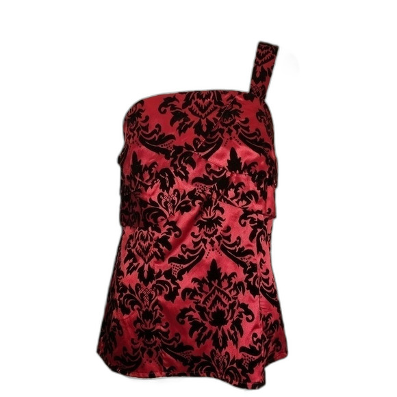 Torrid size 1 1x red one shoulder damask top - Picture 1 of 7